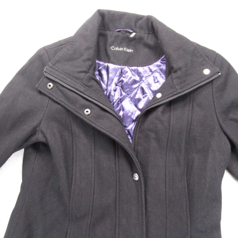 Calvin Klein Coat Jacket Women 4 Black Quilt Lined Snap Zip Front Wool Blend